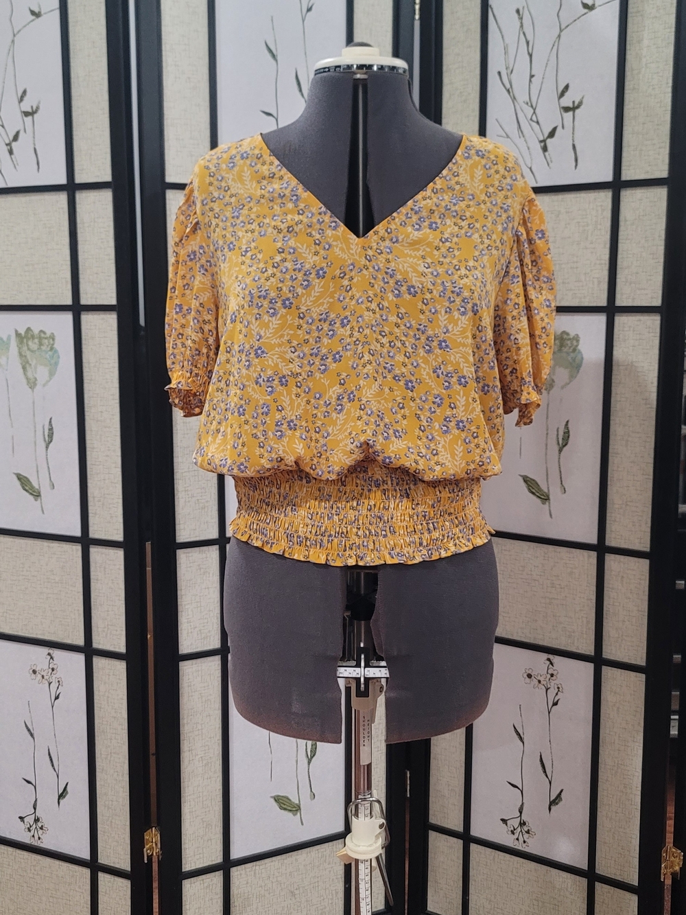 NWT. Loft Yellow Floral V-Neck Smocked Waist Top
